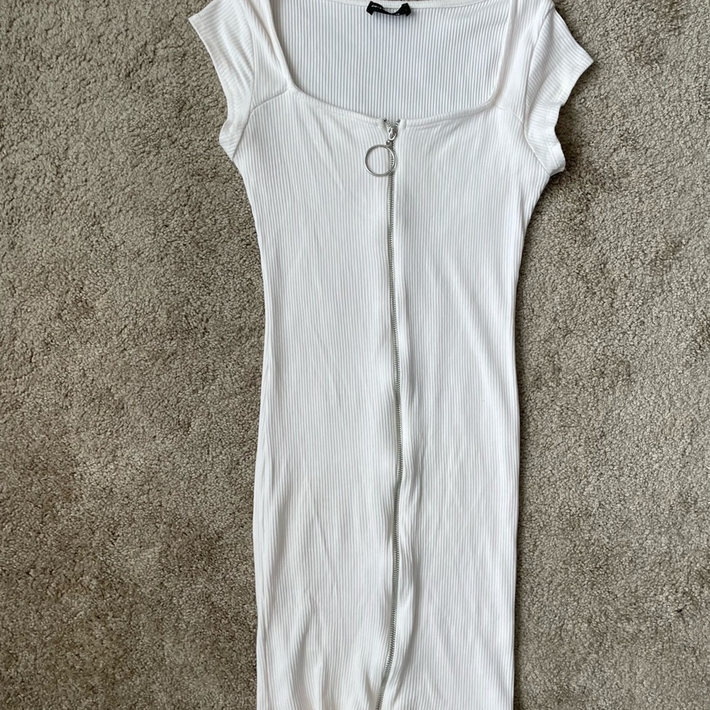 Women’s White Ribbed Dress with Zipper Detail